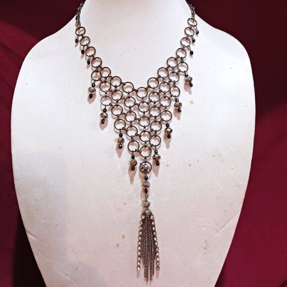 Handmade Gunmetal Rings Black Hematite Bead Bib Statement Necklace Tassel Fringe - Picture 12 of 12